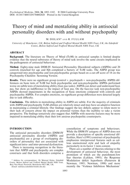 Theory of Mind and Mentalizing Ability in Antisocial Personality Disorders with and Without Psychopathy
