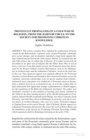 Protestant Propaganda in a Cold War of Religion: from the Hartlib Circle to the Society for Promoting Christian Knowledge Sugiko Nishikawa