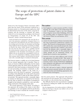 The Scope of Protection of Patent Claims in Europe and the UPC Paul England*