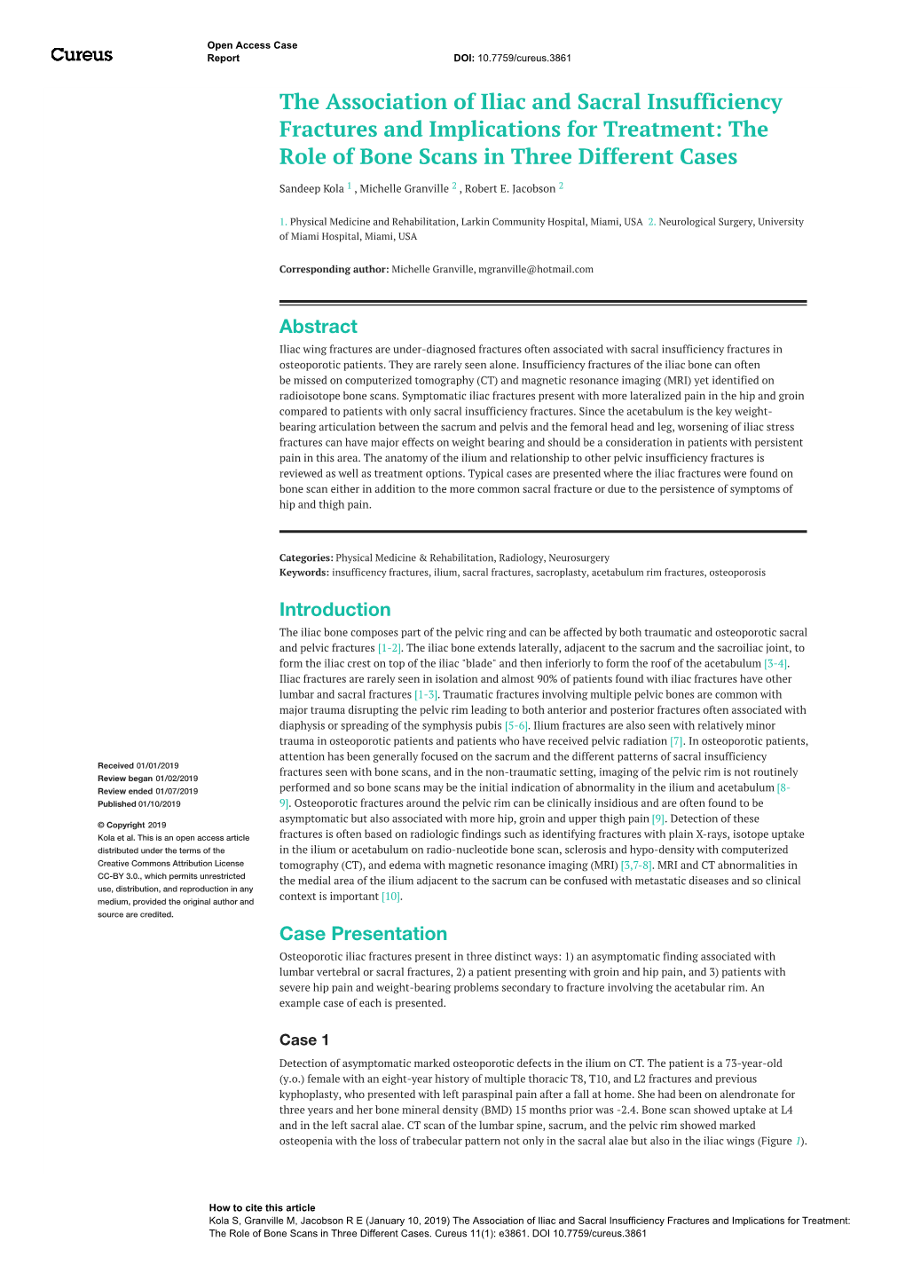 The Association of Iliac and Sacral Insufficiency Fractures and Implications for Treatment: the Role of Bone Scans in Three Different Cases