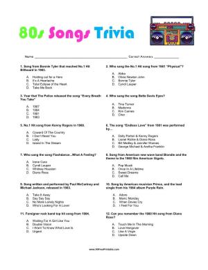 Top 80S Songs Trivia