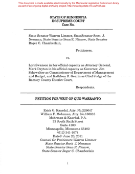 Minnesota in Supreme Court Petition for Writ of Quo
