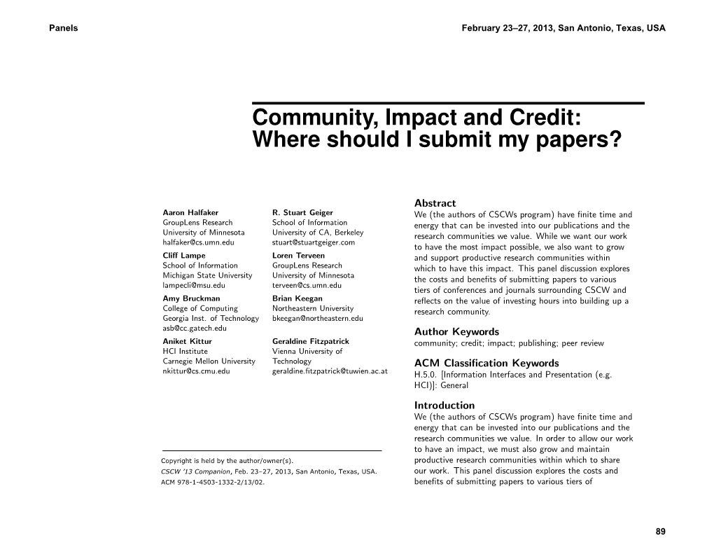 Community, Impact and Credit: Where Should I Submit My Papers?