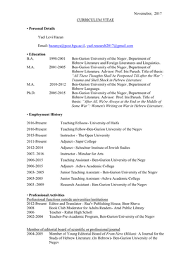 Novemeber, 2017 CURRICULUM VITAE • Personal Details Yael Levi Hazan Email: Hazanya@Post.Bgu.Ac.Il, Yael.Research2017@Gmail.C