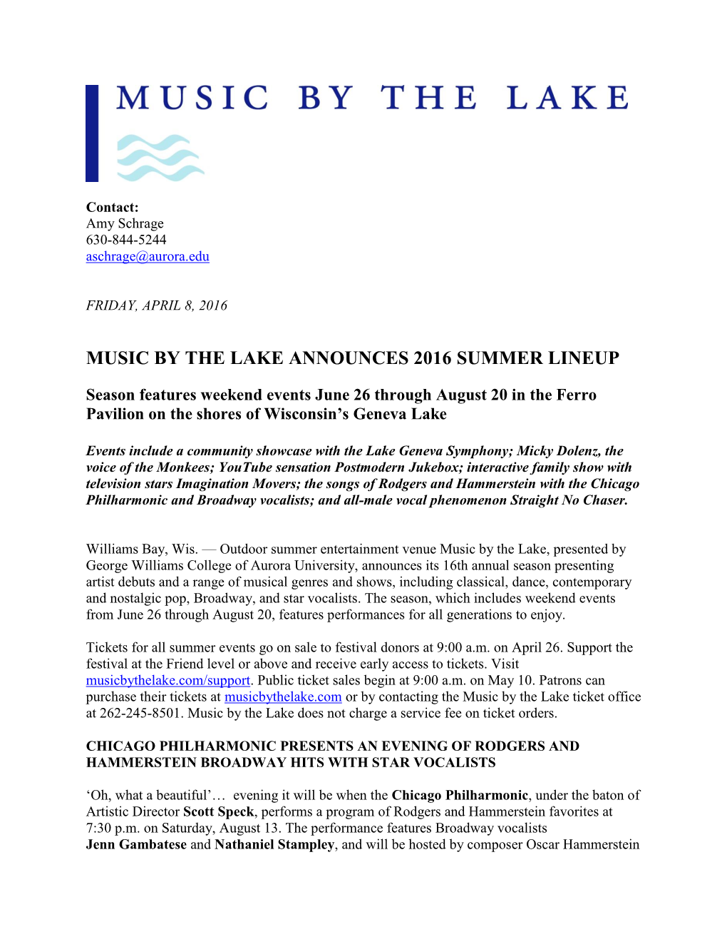 Music by the Lake Announces 2016 Summer Lineup