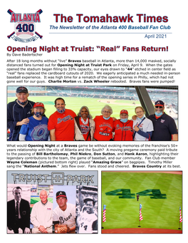 The Newsletter of the Atlanta 400 Baseball Fan Club April 2021