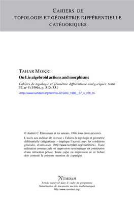 On Lie Algebroid Actions and Morphisms Cahiers De Topologie Et Géométrie Différentielle Catégoriques, Tome 37, No 4 (1996), P