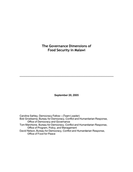 The Governance Dimensions of Food Security in Malawi