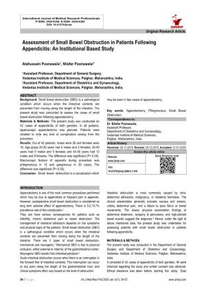 Assessment of Small Bowel Obstruction in Patients Following Appendicitis: an Institutional Based Study