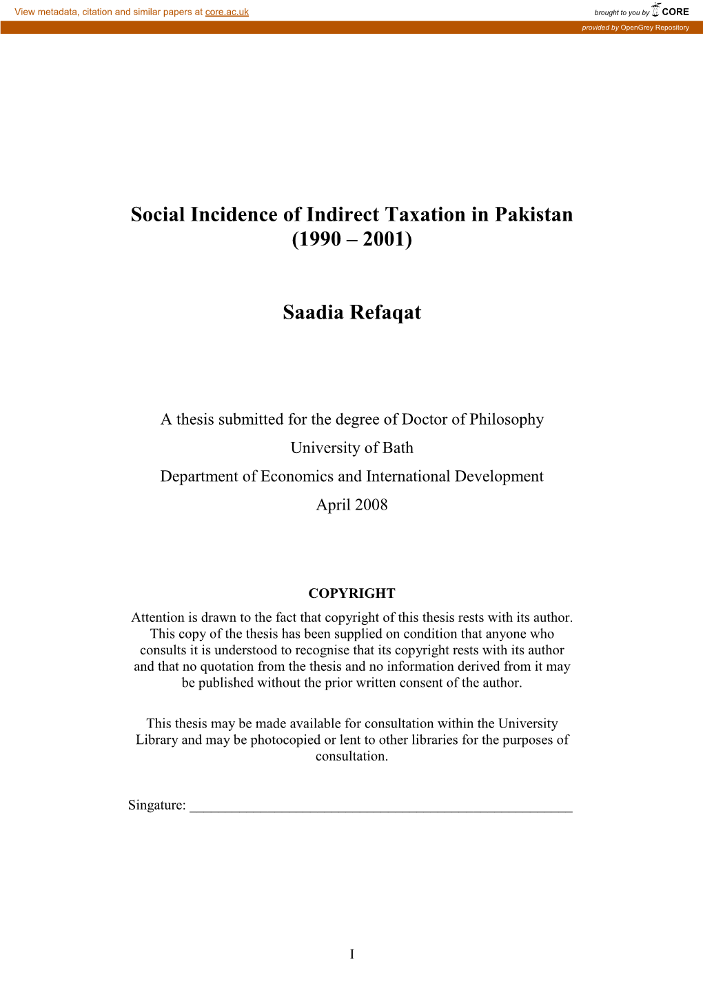 Social Incidence of Indirect Taxation in Pakistan (1990 – 2001)