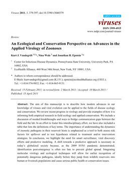 An Ecological and Conservation Perspective on Advances in the Applied Virology of Zoonoses