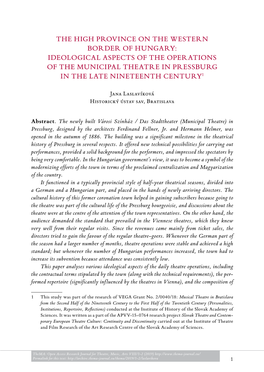 Ideological Aspects of the Operations of the Municipal Theatre in Pressburg in the Late Nineteenth Century1