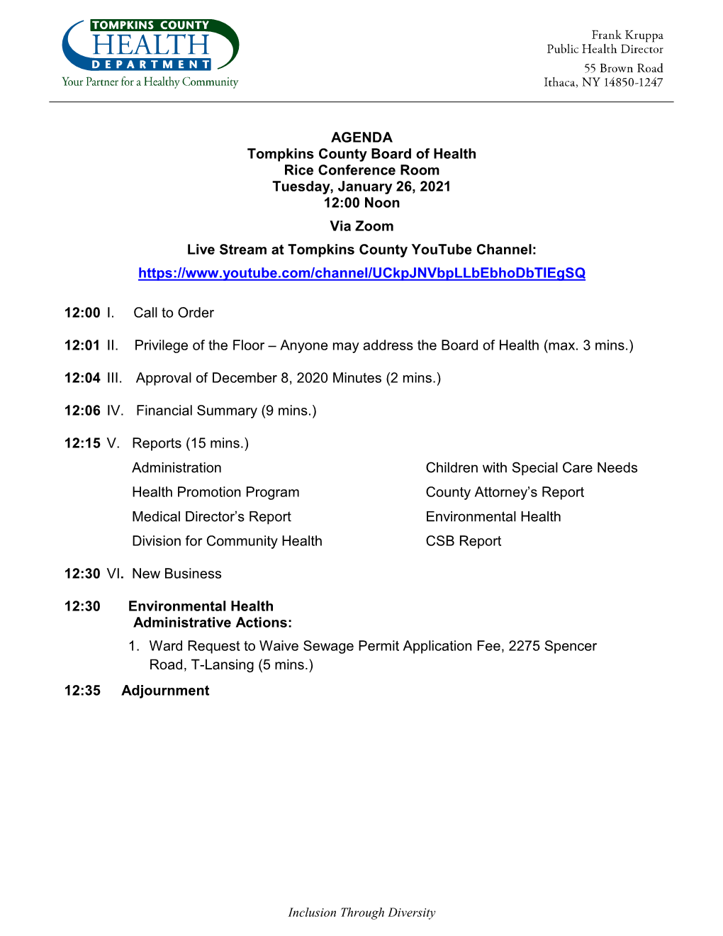 AGENDA Tompkins County Board of Health Rice Conference Room