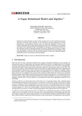 A Vague Relational Model and Algebra 1