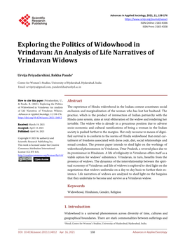 Exploring the Politics of Widowhood in Vrindavan: an Analysis of Life Narratives of Vrindavan Widows