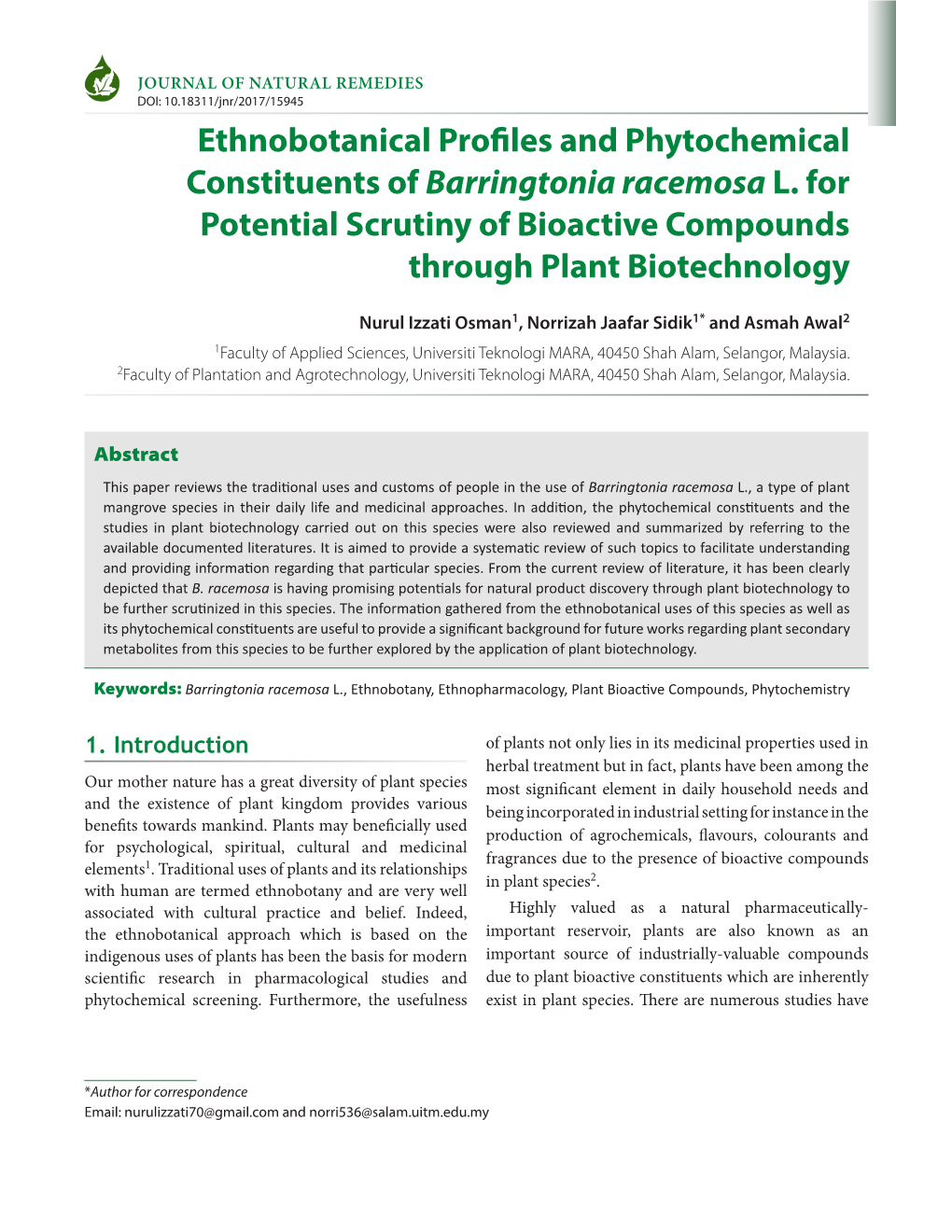 Ethnobotanical Profiles and Phytochemical Constituents of Barringtonia Racemosa L