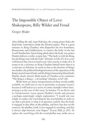 The Impossible Object of Love: Shakespeare, Billy Wilder and Freud