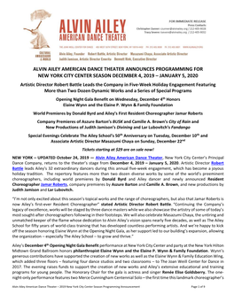 Alvin Ailey American Dance Theater Announces Programming for New York City Center Season December 4, 2019 – January 5, 2020