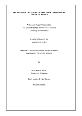 THE INFLUENCE of CULTURE on EXPATRIATE LEADERSHIP at TOYOTA DE ANGOLA a Research Report Presented To: the Graduate School of Bu