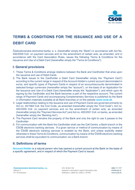 Terms & Conditions for the Issuance and Use of a Debit