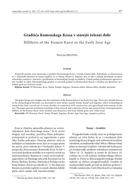Gradišča Komenskega Krasa V Starejši Železni Dobi Hillforts of the Komen Karst in the Early Iron Age