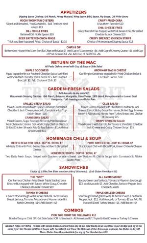 Appetizers Return of the Mac Garden-Fresh Salads Homemade Chili & Soup Sandwiches Combos