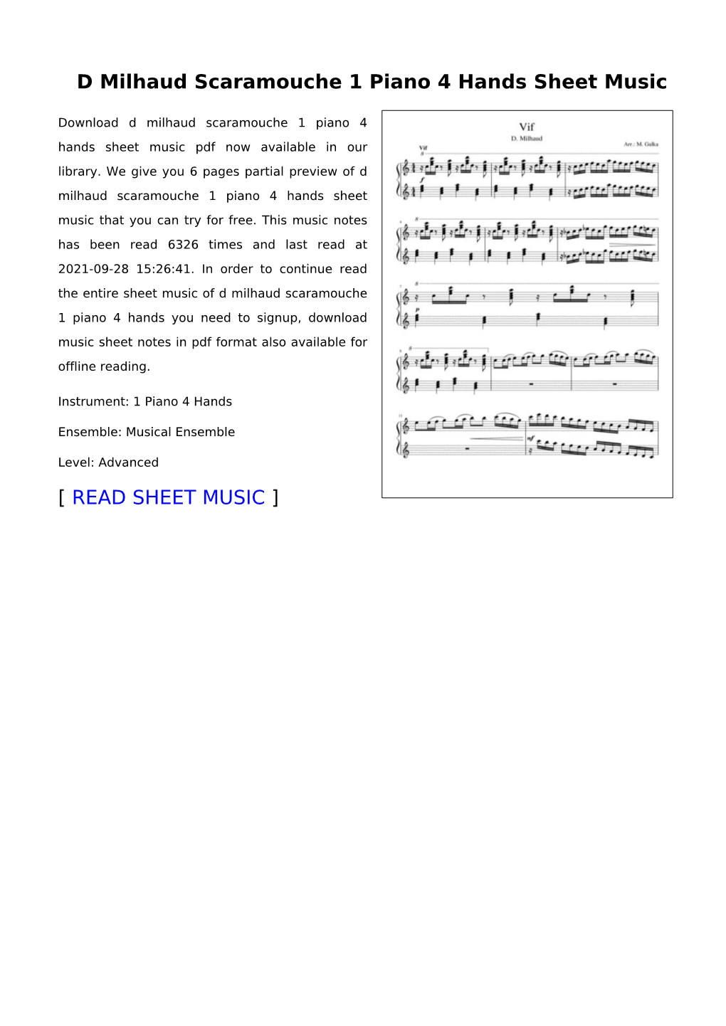 D Milhaud Scaramouche 1 Piano 4 Hands Sheet Music