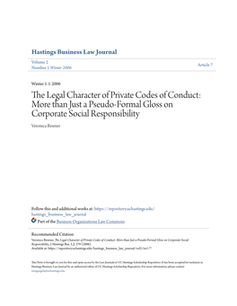 The Legal Character of Private Codes of Conduct: More Than Just a Pseudo-Formal Gloss on Corporate Social Responsibility Veronica Besmer