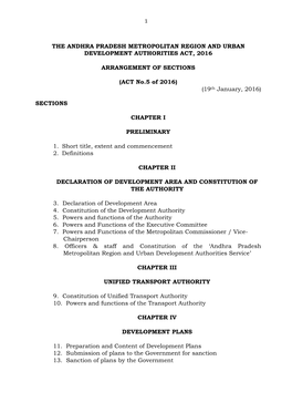 THE ANDHRA PRADESH METROPOLITAN REGION and URBAN DEVELOPMENT AUTHORITIES ACT, 2016 ARRANGEMENT of SECTIONS (ACT No.5 of 2016)