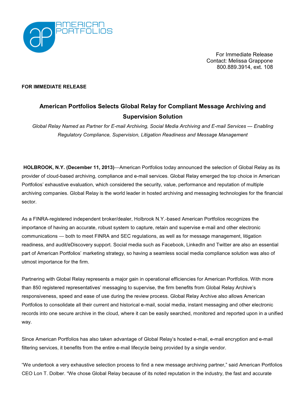 American Portfolios Selects Global Relay for Compliant Message
