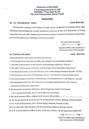 No. 713-PAR (WBCS)/1D- 110/21 Dated: 08.04.2021 the Governor Is Pleased, in the Interest of Public Service, to Appoint Shri Purnendu Kumar Maji