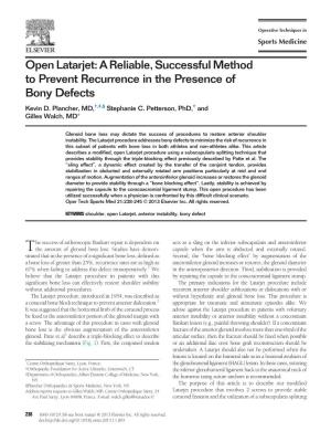Open Latarjet: a Reliable, Successful Method to Prevent Recurrence in the Presence of Bony Defects Kevin D