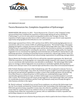 Tacora Resources Inc. Completes Acquisition of Sydvaranger