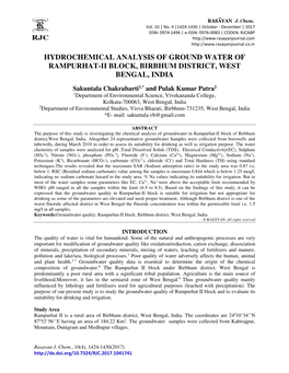 Hydrochemical Analysis of Ground Water of Rampurhat-Ii Block, Birbhum District, West Bengal, India