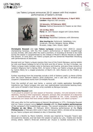 Les Talens Lyriques Announces 20-21 Season with First Modern Performances of Salieri’S Armida