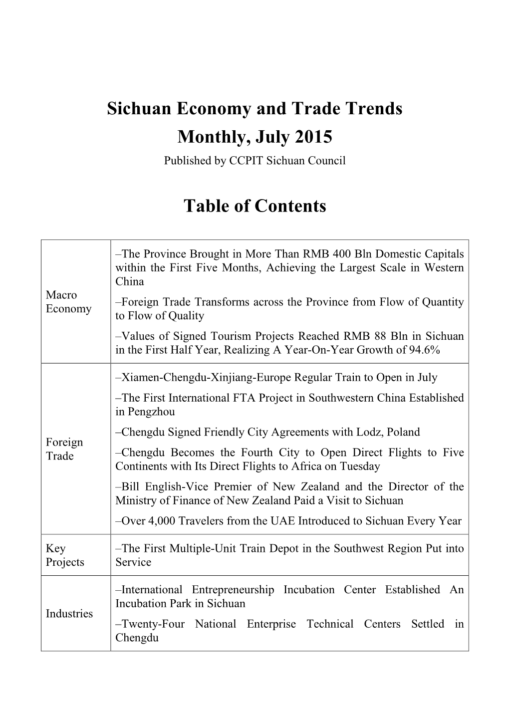 Sichuan Economy and Trade Trends Monthly, July 2015 Table of Contents