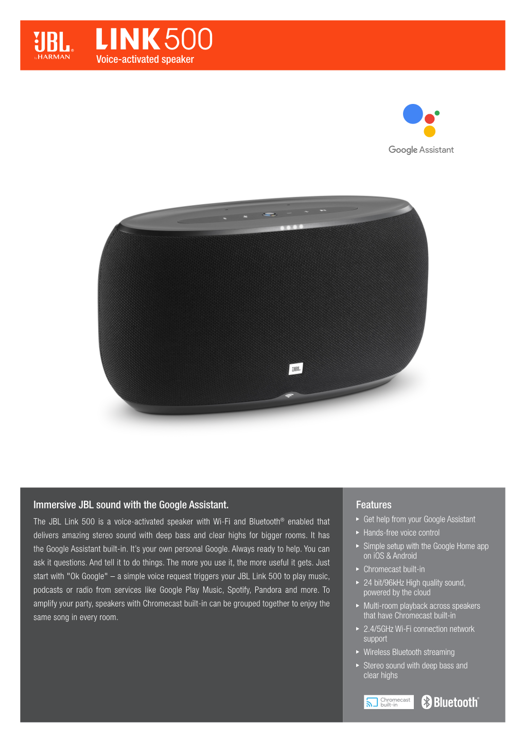 Features Immersive JBL Sound with the Google Assistant. Voice