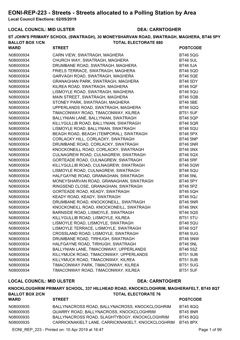 EONI-REP-223 - Streets - Streets Allocated to a Polling Station by Area Local Council Elections: 02/05/2019