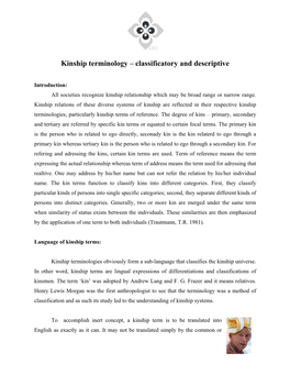 Kinship Terminology – Classificatory and Descriptive