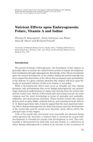 Nutrient Effects Upon Embryogenesis: Folate, Vitamin a and Iodine