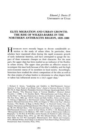 Elite Migration and Urban Growth: the Rise of Wilkes-Barre in the Northern Anthracite Region, 1820-1880