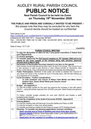 PUBLIC NOTICE Next Parish Council to Be Held Via Zoom on Thursday 19Th November 2020