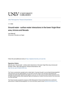 Ground Water - Surface Water Interactions in the Lower Virgin River Area, Arizona and Nevada