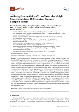 Anticoagulant Activity of Low-Molecular Weight Compounds from Heterometrus Laoticus Scorpion Venom