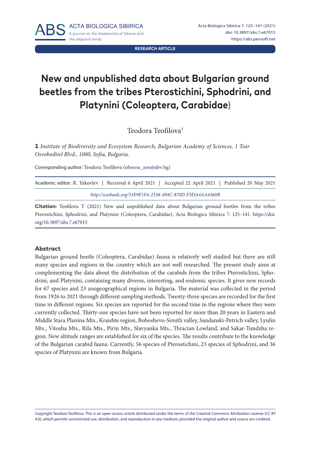 New and Unpublished Data About Bulgarian Ground Beetles from the Tribes Pterostichini, Sphodrini, and Platynini (Coleoptera, Carabidae)