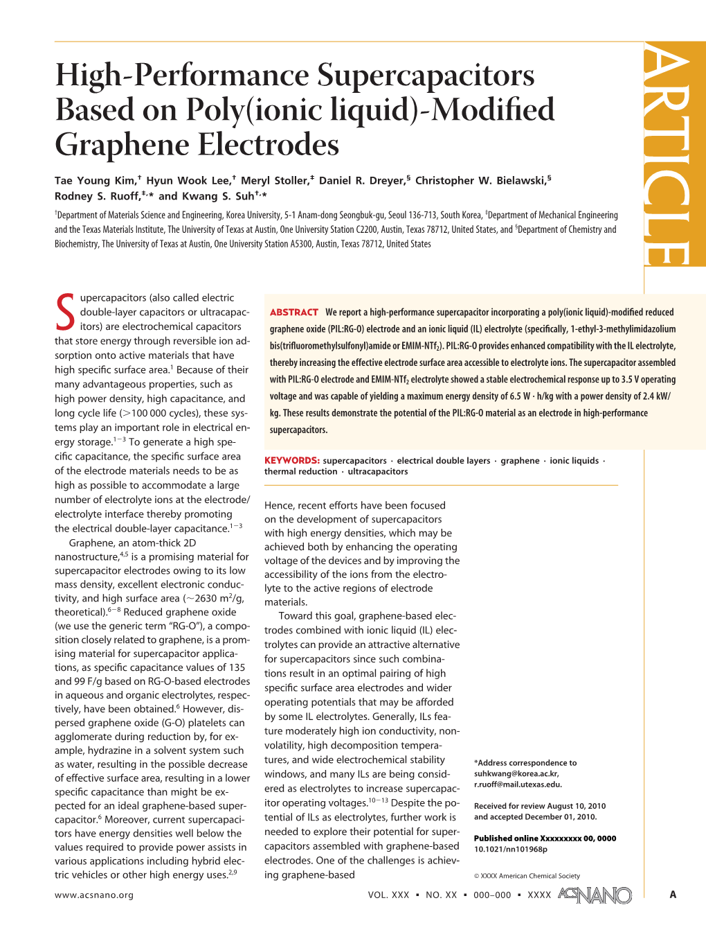 High-Performance Supercapacitors Based on Poly(Ionic Liquid)-Modiﬁed Graphene Electrodes