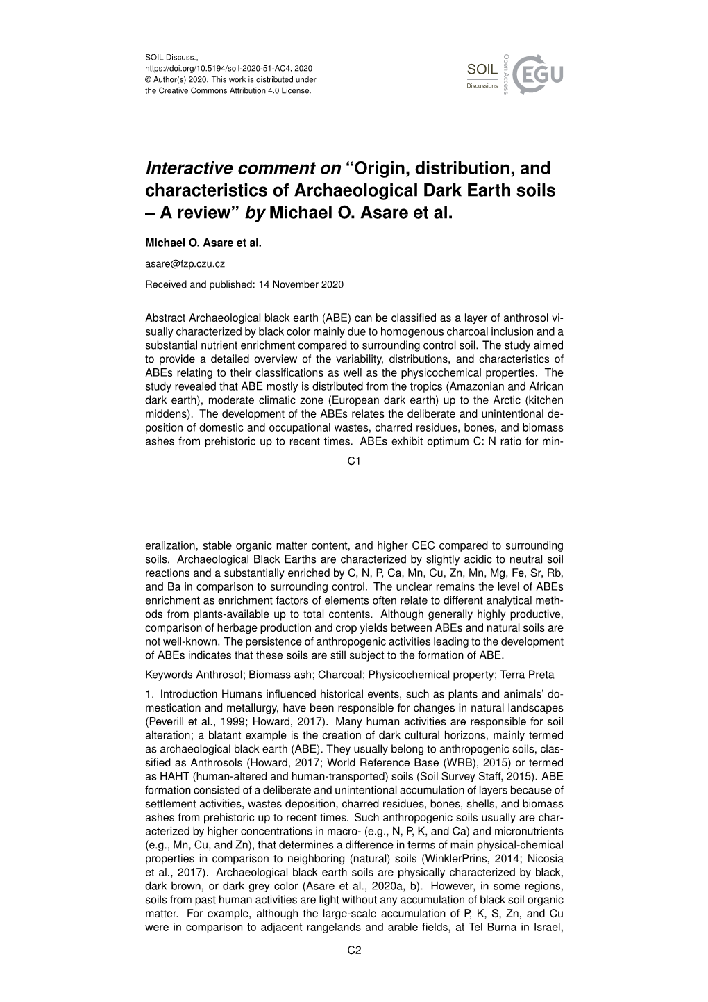 Interactive Comment on “Origin, Distribution, and Characteristics of Archaeological Dark Earth Soils – a Review” by Michael O