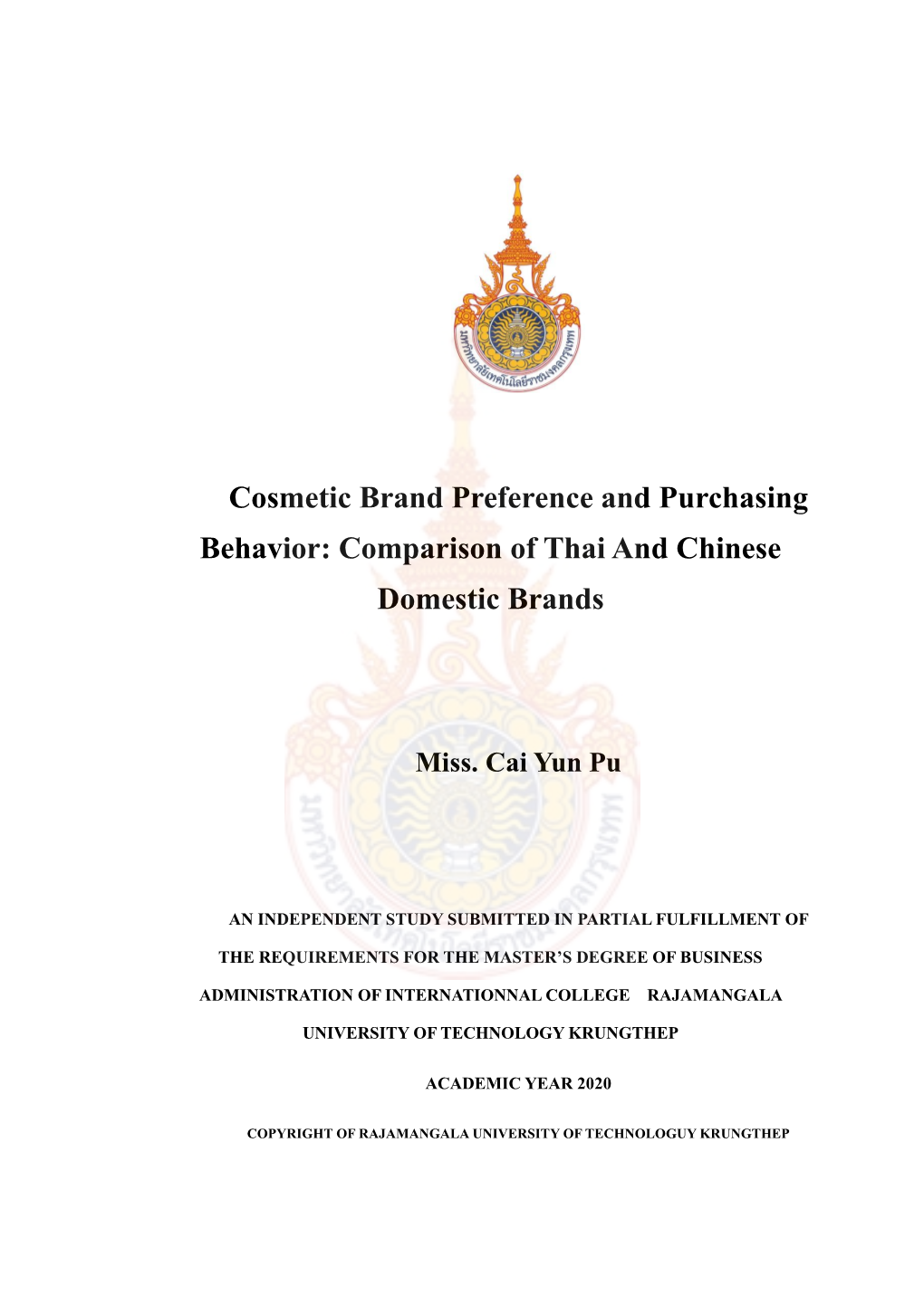 Cosmetic Brand Preference and Purchasing Behavior: Comparison of Thai and Chinese Domestic Brands