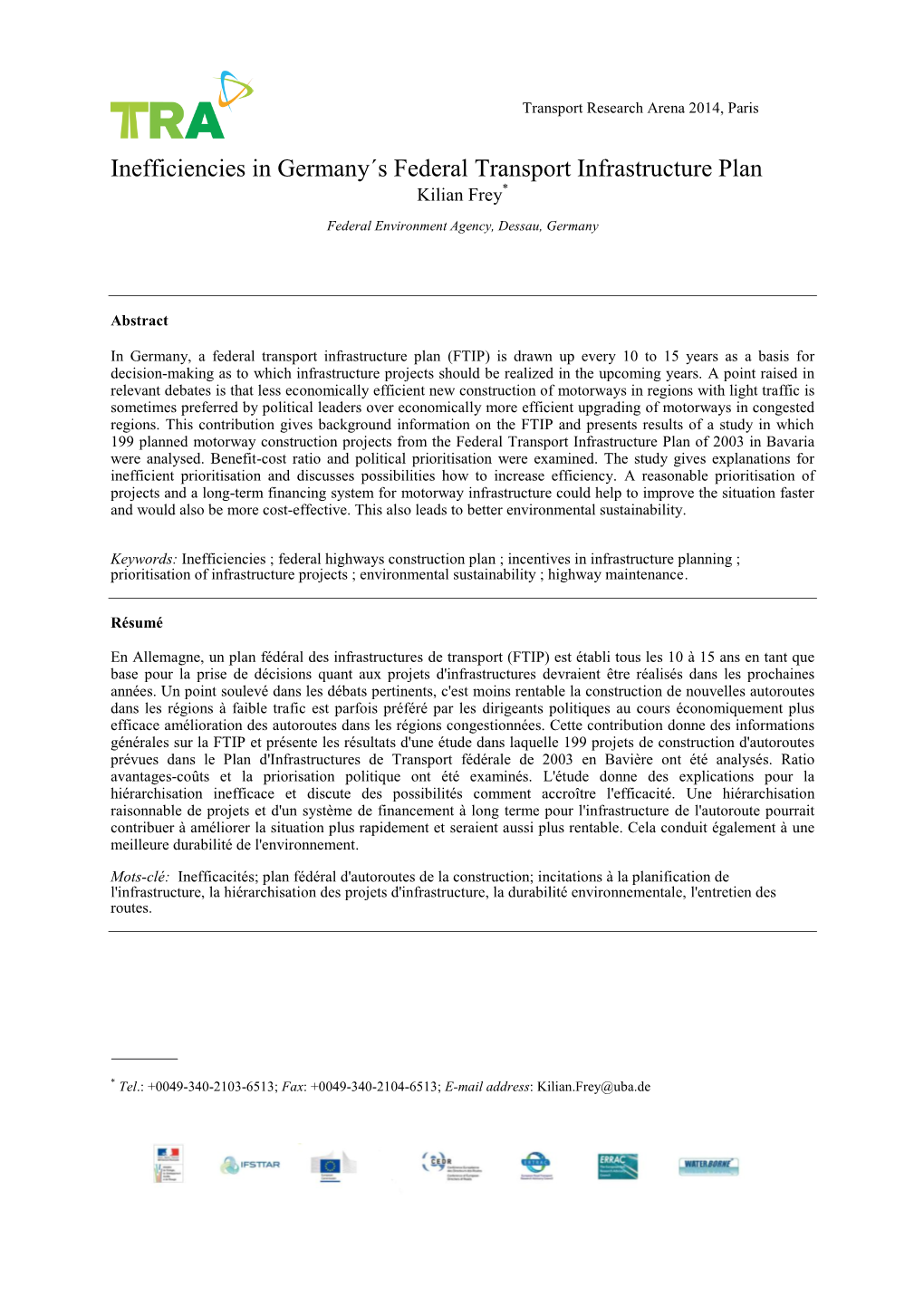 Inefficiencies in Germany´S Federal Transport Infrastructure Plan Kilian Frey*