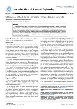 Obtainment of Sorbitol on Ferroalloy Promoted Nickel Catalysts Kedelbaev BS*, Korazbekova KU and Kudasova DE M